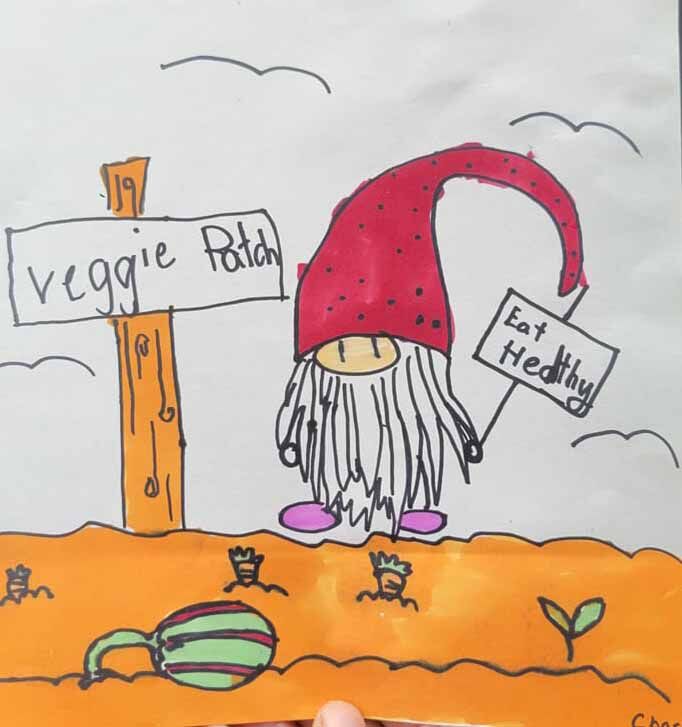 Gnome promoting healthy eating habits, drawn by Charlotte Hirth, 9, of Union Grove